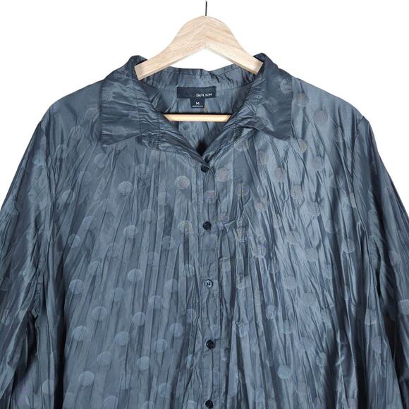 Sun Kim Womens Tunic Blouse M Grey Pleated Polka Dot Button Down Artsy Boho Chic - Picture 4 of 13